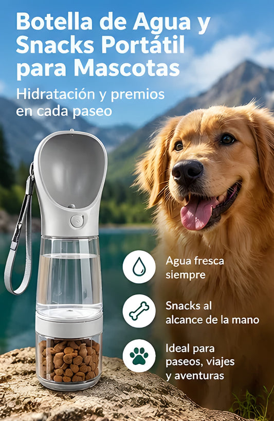 Botella de agua y snacks portátil para perros en la montaña